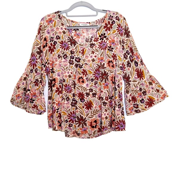 Andree By Unit Tunic S Floral Babydoll Crinkle Gauze Mauze Cottage Core Garden - Picture 1 of 12